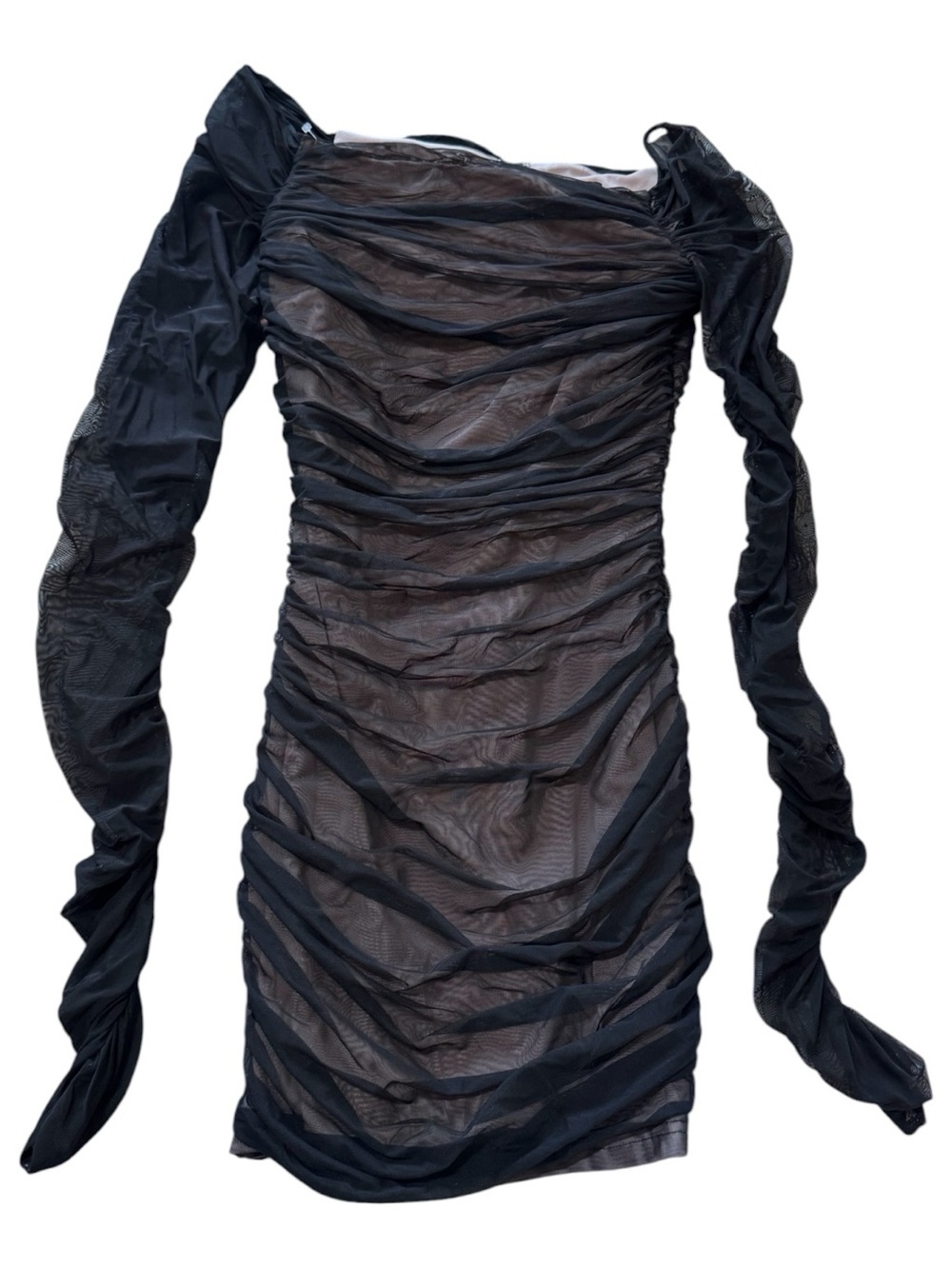 bebe Black Ruched Sheer Long-Sleeve Mini Dress